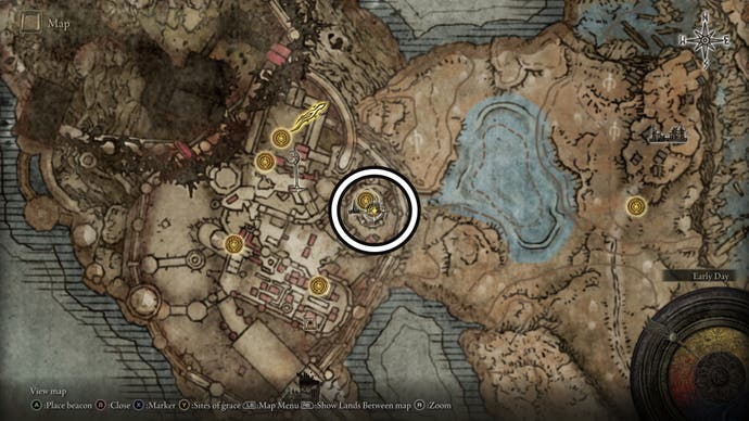 A screenshot of where to find the Ash of War: Shriek of Sorrow location on the Elden Ring Shadow of the Erdtree map.