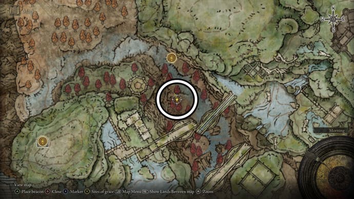 A screenshot of where to find the Ash of War: The Poison Flower Blooms Twice location on the Elden Ring Shadow of the Erdtree map.