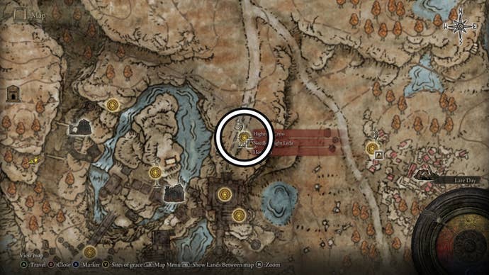 A screenshot of the Highroad Miquella’s Cross location on the Elden Ring Shadow of the Erdtree map.