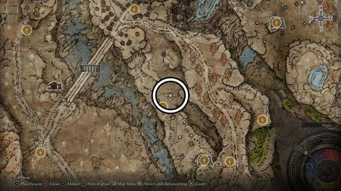 A screenshot of the Ellac River Cave Revered Spirit Ashes location on the Elden Ring Shadow of the Erdtree map.