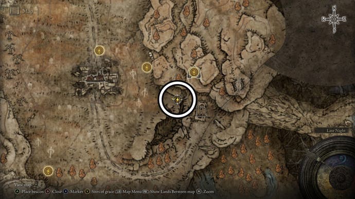 A screenshot of the east of Scorched Ruins Revered Spirit Ashes location on the Elden Ring Shadow of the Erdtree map.