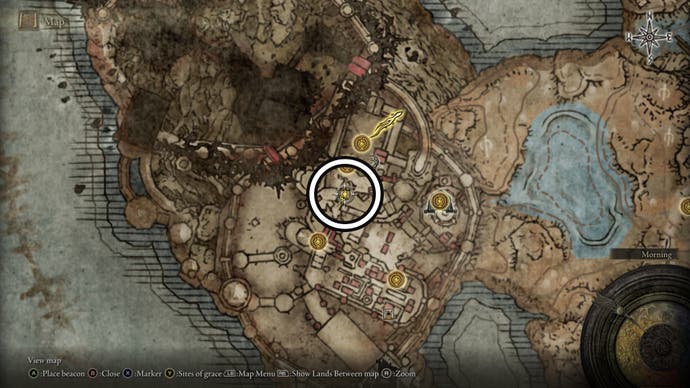 A screenshot of the Stronghold Site of Grace Revered Spirit Ashes location in the Belurat Tower Settlement on the Elden Ring Shadow of the Erdtree map.