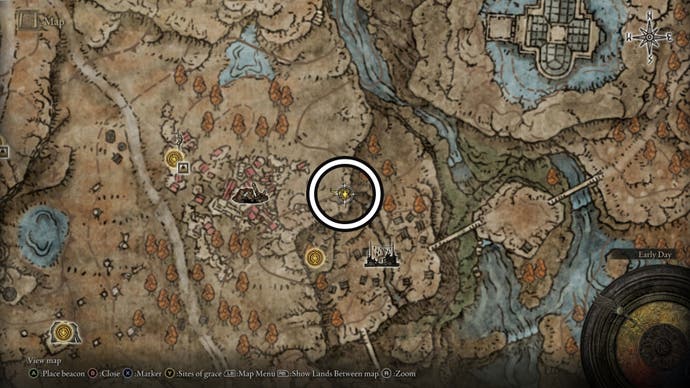 A screenshot of the between Moorth Ruins and Bonny Village Revered Spirit Ashes location on the Elden Ring Shadow of the Erdtree map.