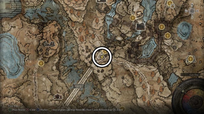 A screenshot of the Castle Front Scadutree Fragment location on the Elden Ring Shadow of the Erdtree map.