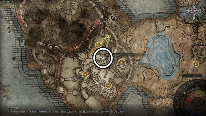 A screenshot of the Belurat Tower Settlement Scadutree Fragment location on the Elden Ring Shadow of the Erdtree map.