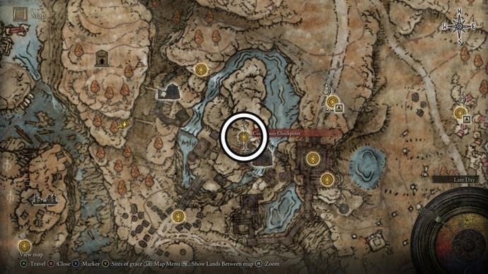 A screenshot of the Castle Ensis Checkpoint Scadutree Fragment location on the Elden Ring Shadow of the Erdtree map.