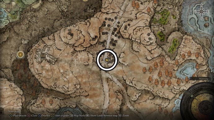 A screenshot of the encampment south of Shadow Keep Scadutree Fragment location from the Elden Ring Shadow of the Erdtree map.