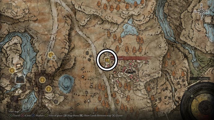 A screenshot of the Moorth Ruins Scadutree Fragment location on the Elden Ring Shadow of the Erdtree map.