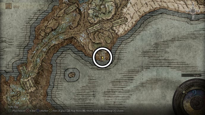 A screenshot of the Cerulean Coast Scadutree Fragment location from the Elden Ring Shadow of the Erdtree map.