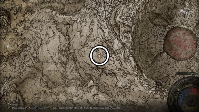 A screenshot of the Jagged Peak Scadutree Fragments location on the Elden Ring Shadow of the Erdtree map.