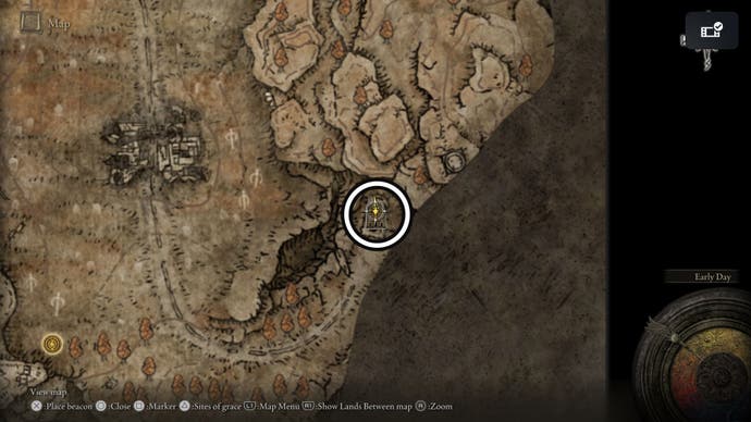 A screenshot of the Church of Consolation Scadutree Fragment on the Elden Ring Shadow of the Erdtree map.