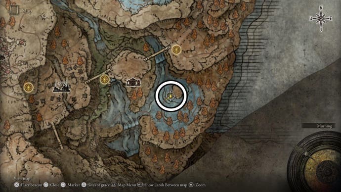 A screenshot of the Recluses' River Downstream Scadutree Fragment location on the Elden Ring Shadow of the Erdtree map.