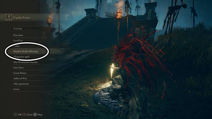 The Site of Grace menu with Shadow Realm Blessing encircled in Elden Ring Shadow of the Erdtree.