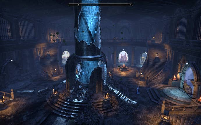 A view of the Keywright’s Gallery from The Elder Scrolls Online, showing several portals in a dark chamber supported by a huge blue pillar