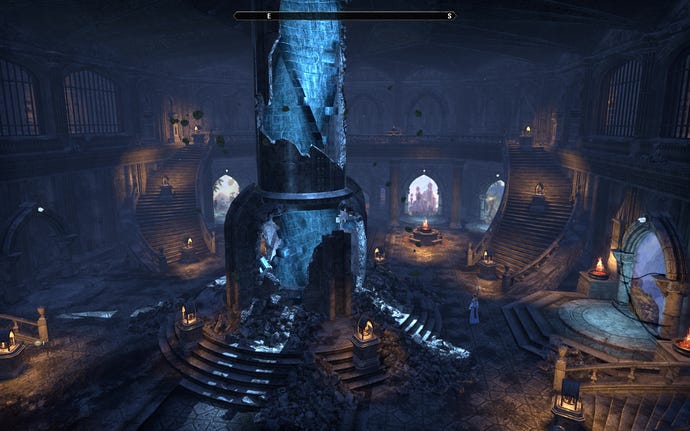 A view of the Keywright's Gallery from The Elder Scrolls Online, showing several portals in a dark chamber supported by a huge blue pillar