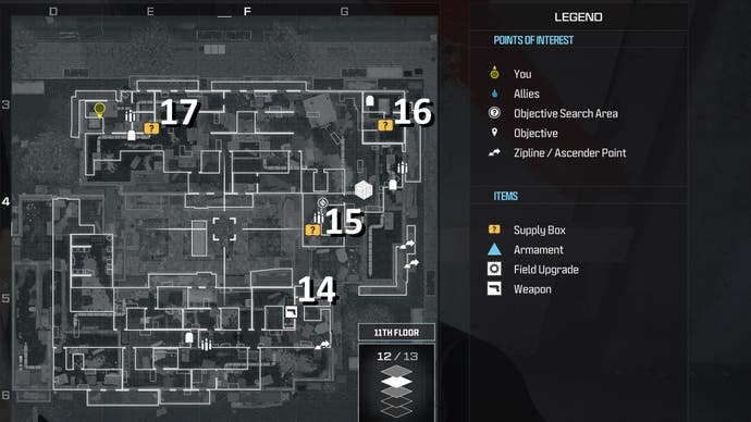 tactical map view of weapon locations numbered on the highrise map