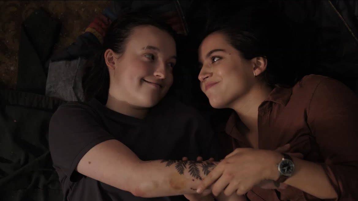 Ellie and Dina looking lovingly at each other in The Last of Us season two