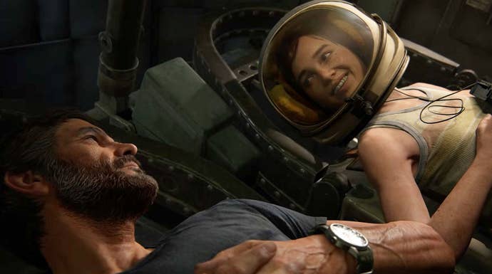 Ellie and Joel smile at each other in The Last of Us Part 2 Remastered. Ellie has a space helmet on