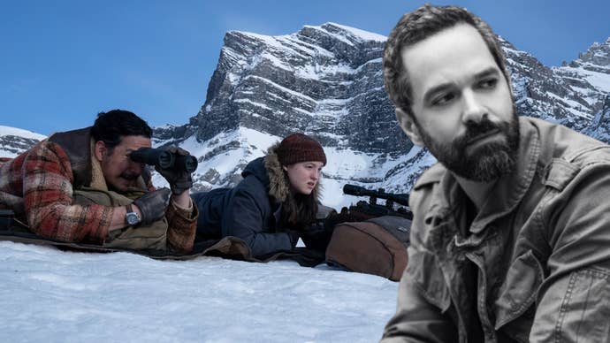 Ellie and Tommy sniping in the snow in The Last of Us season two with a black and white image of Neil Druckmann overlayed to one side