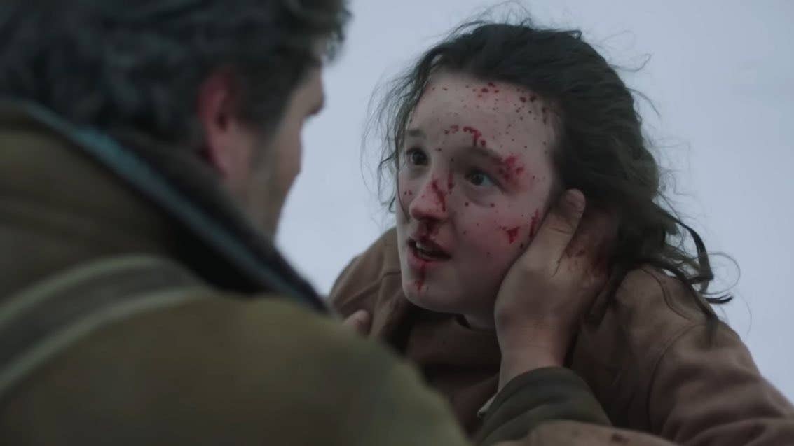 Ellie in season one of TLOU looks distressed after killing David. She is covered in blood