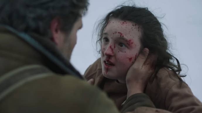 Ellie in season one of TLOU looks distressed after killing David. She is covered in blood