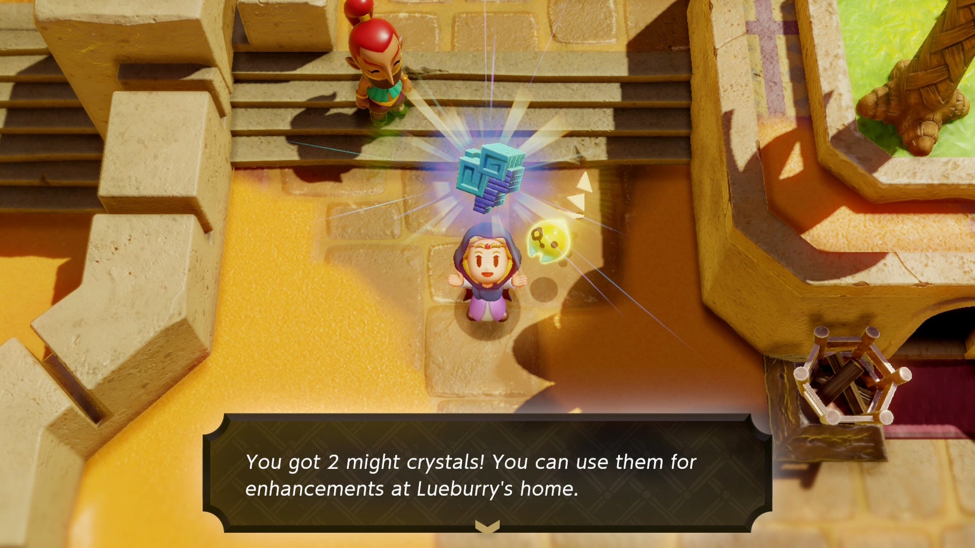 Zelda presenting a Might Crystal above her head in Zelda Echoes of Wisdom.