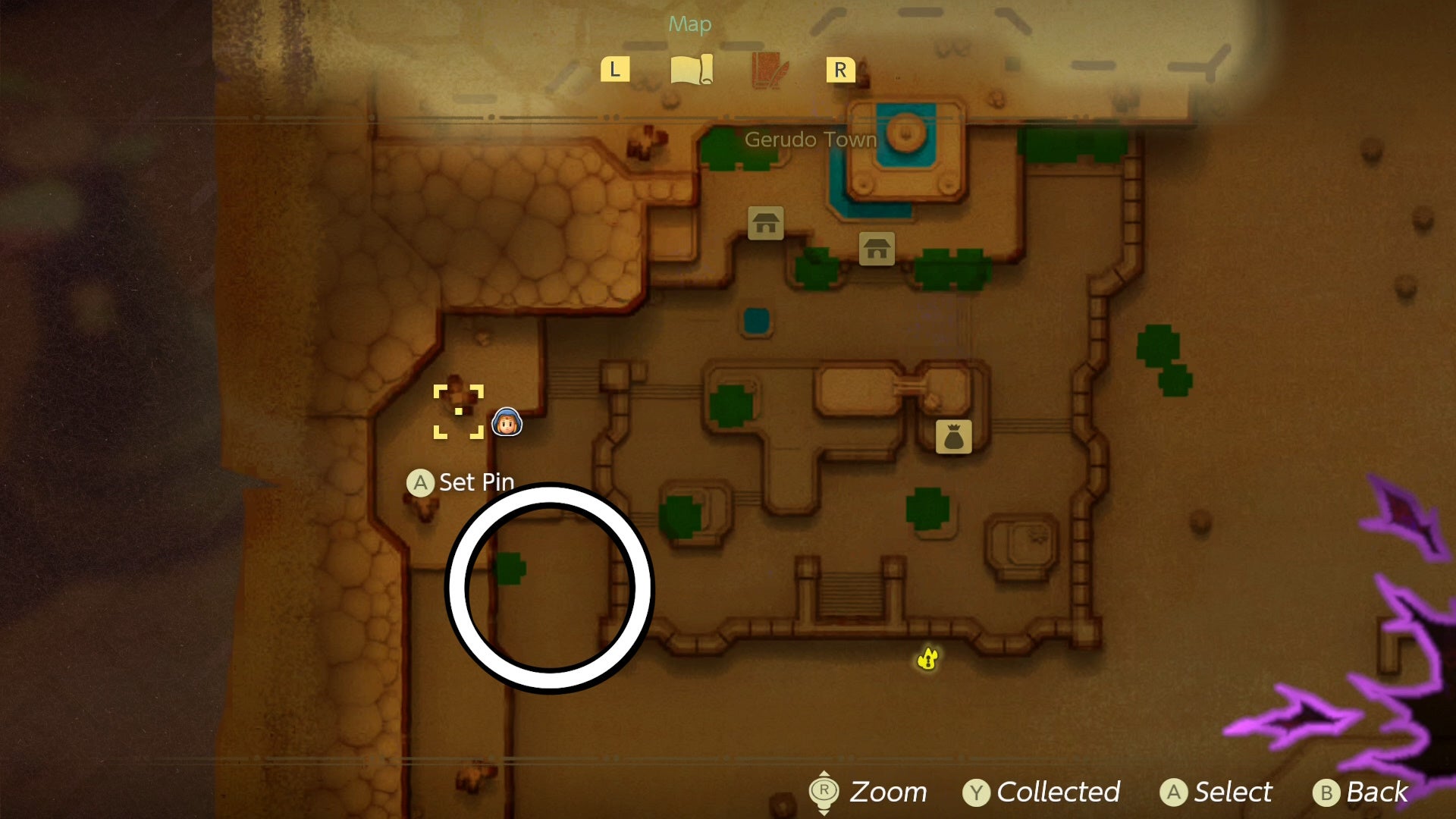 A white circle showing the location of tumbleweeds in Zelda Echoes of Wisdom.