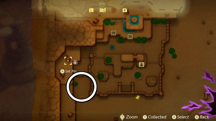 A white circle showing the location of tumbleweeds in Zelda Echoes of Wisdom.