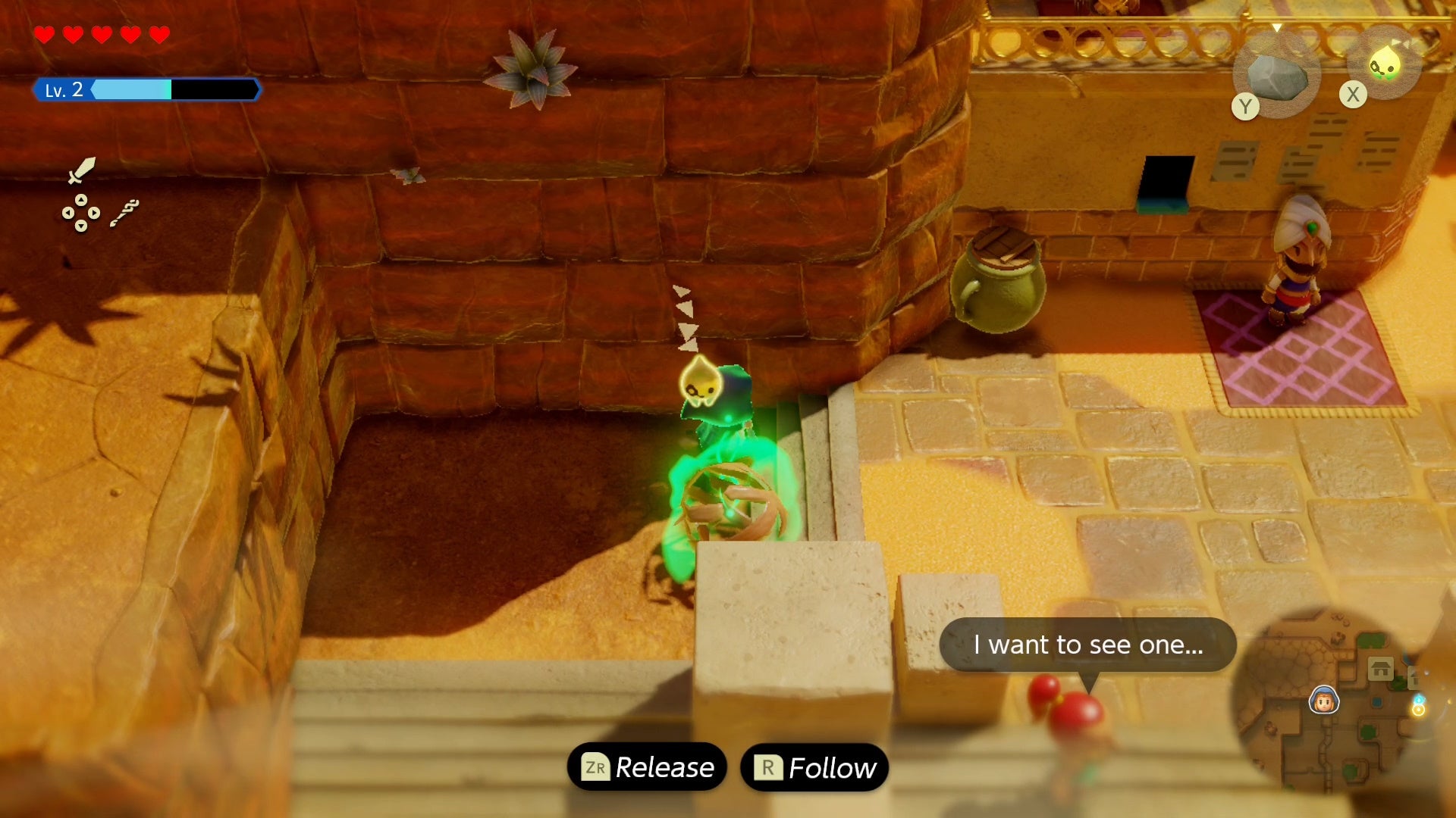 Zelda dragging a tumbleweed up a small set of stairs in Zelda Echoes of Wisdom.