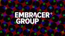 The Embracer group logo in white font on a multi-coloured patterned background