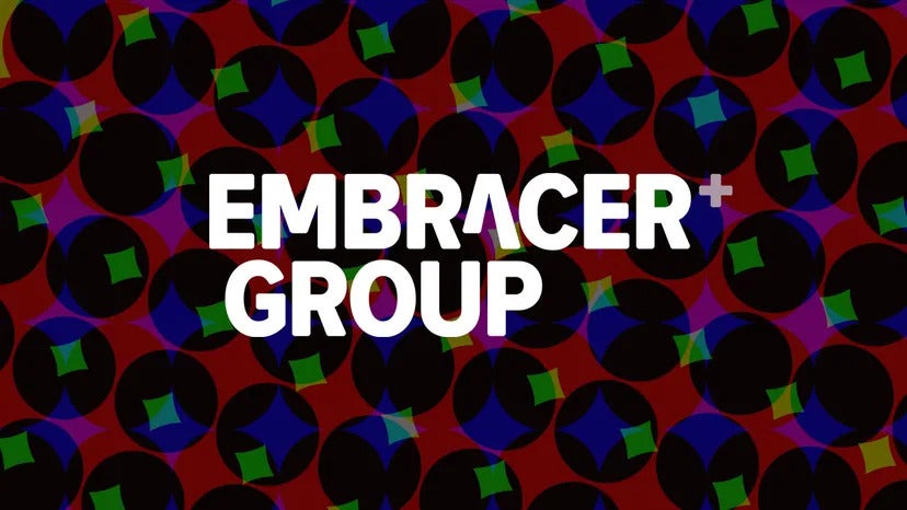 The Embracer group logo in white font on a multi-coloured patterned background - 1