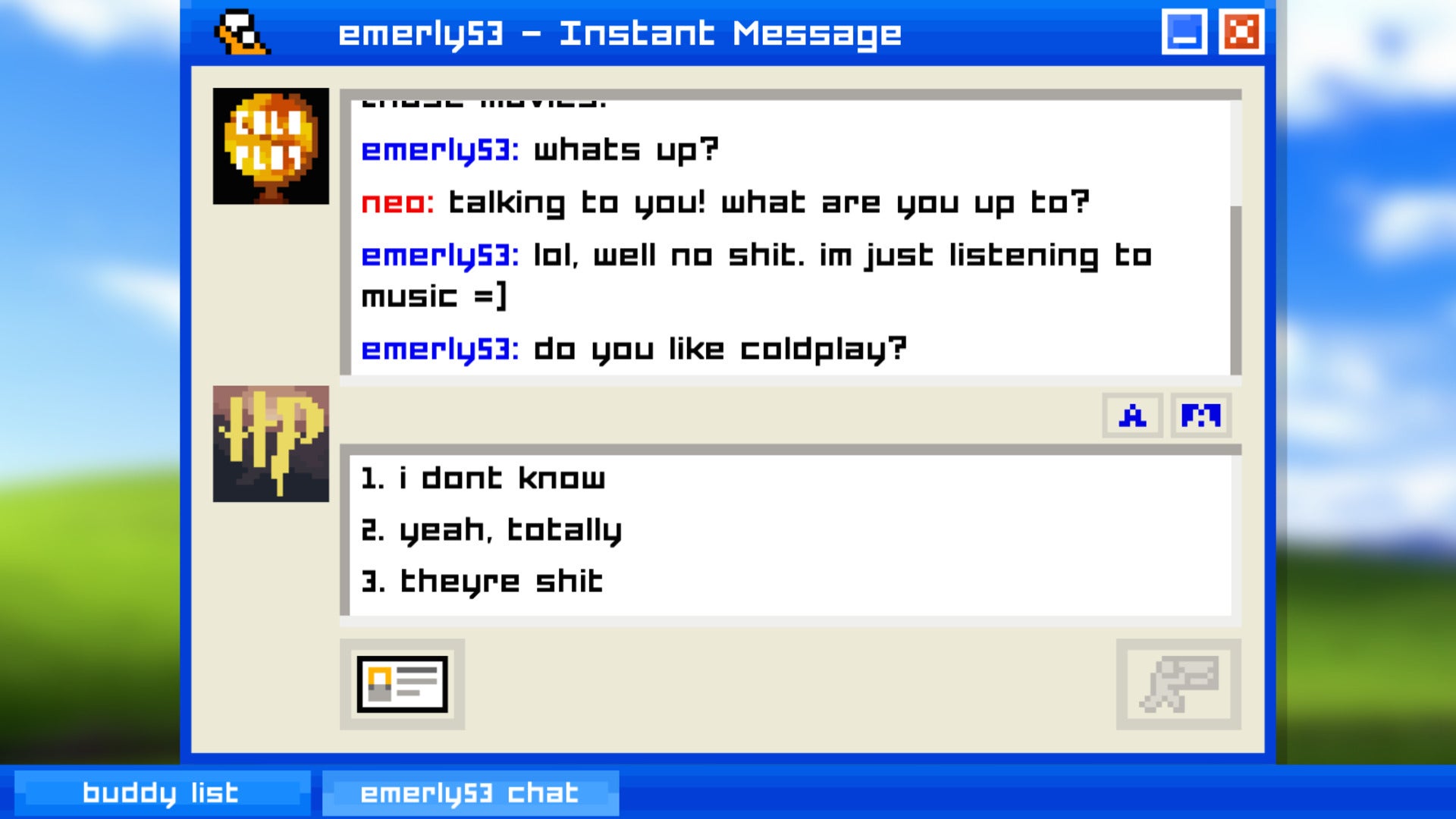 An IM conversation between Emily and the player character is shown in Emily is Away - 17