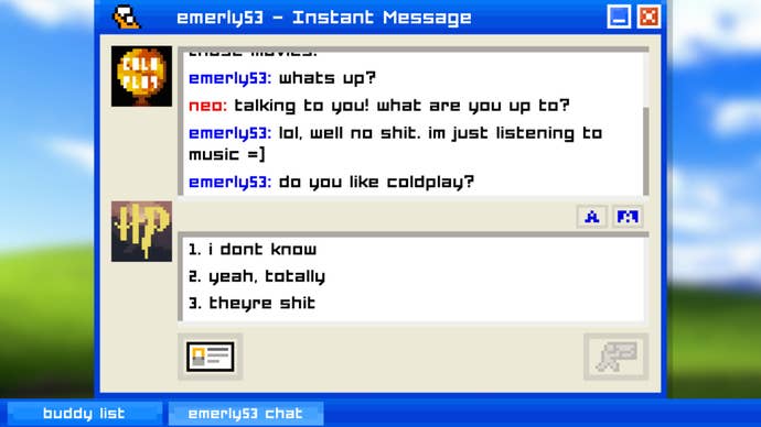 An IM conversation between Emily and the player character is shown in Emily is Away