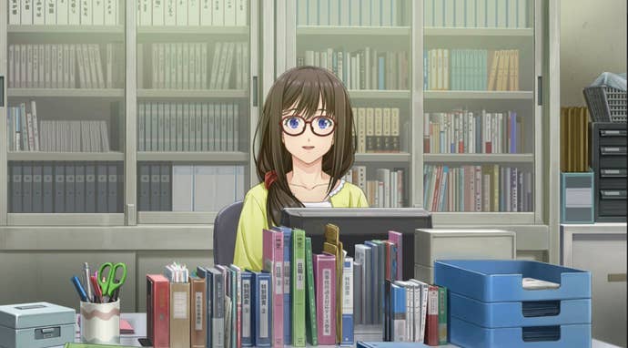 Ayumi Tachibana sits behind a desk in the detective office.