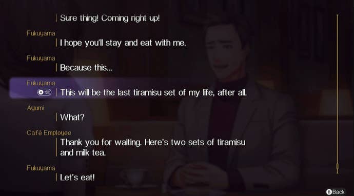 A look at the text read back for Emio - The Smiling Man. Here a character talks about having the last tiramisu of his life.