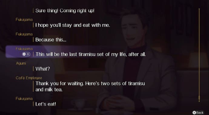 A look at the text read back for Emio - The Smiling Man. Here a character talks about having the last tiramisu of his life.