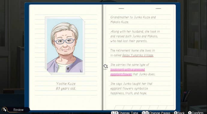 The page in the detective notebook for Yoshie Kuze.