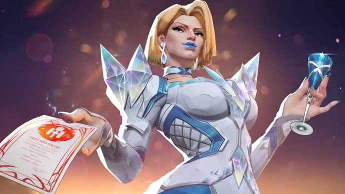 Emma Frost in Marvel Rivals presenting a gala invite while holding a champagne flute