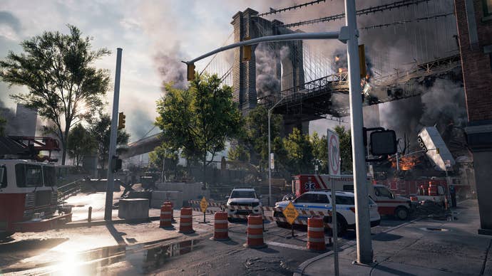 Official Battlefield 6 image showing a view of traffic lights and a tall bridge on the Empire State map