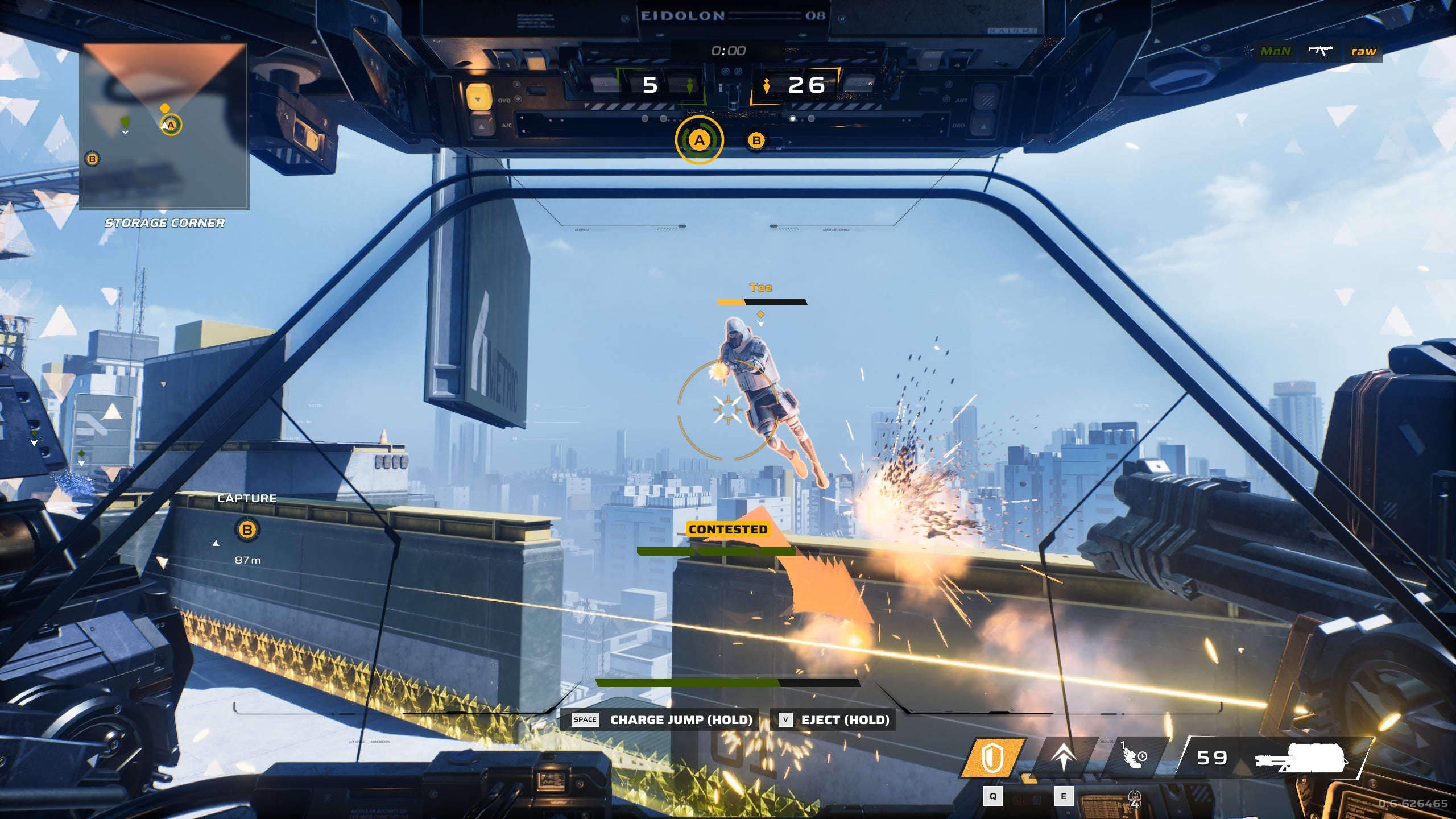 Shooting a mech's main gun at a player in the Empulse demo.