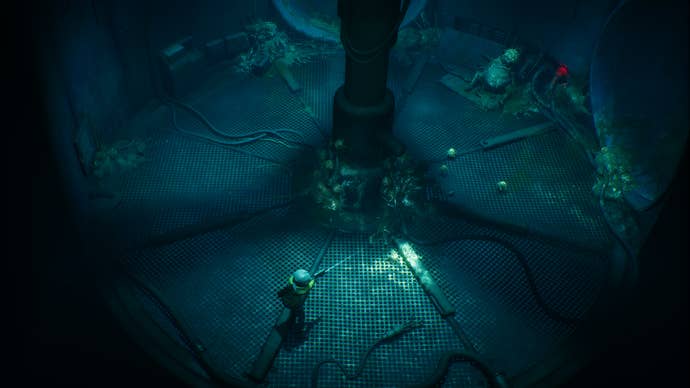 A top-down presumption of a astir circular enclosure successful End Of Abyss, with the subordinate successful the bottommost centre aiming a weapon astatine monstrous shapes crossed the screen.