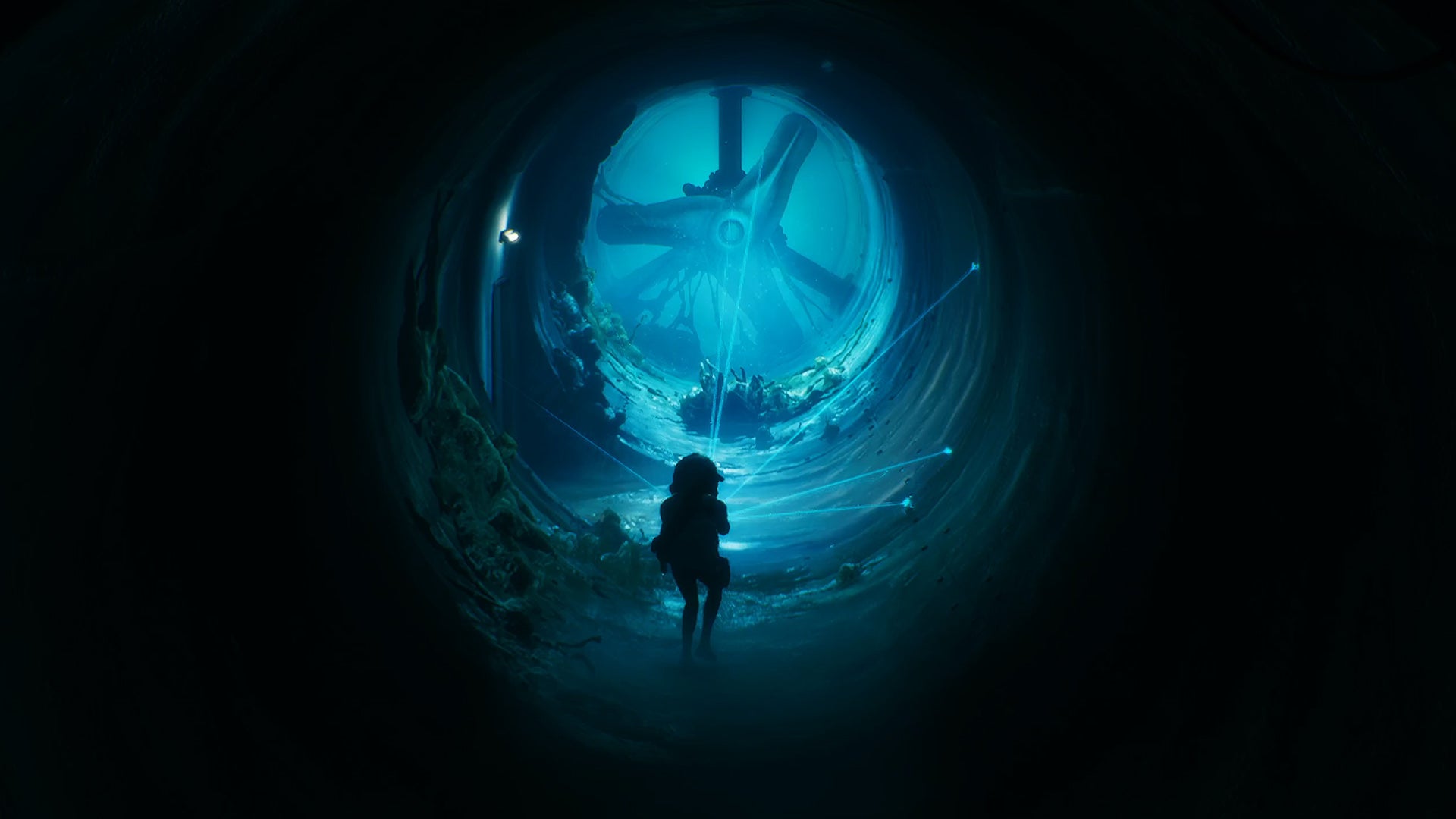 An atmospheric head-on view of a huge clogged ventilation fan in End Of Abyss, with the player character running down the shaft in the foreground. - 1