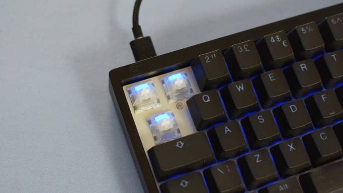 A closeup of the Endgame Gear KB65HE’s Hall effect keyboard switches.