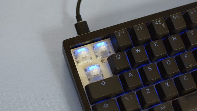 A closeup of the Endgame Gear KB65HE's Hall effect keyboard switches.