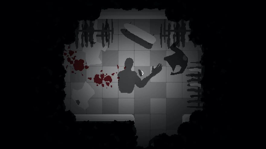 Image of the protagonist on the floor next to pools of blood