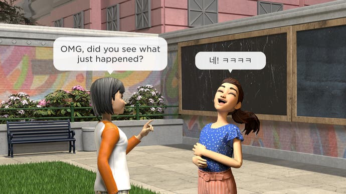 An example of Roblox's new text translation feature, with one character speaking English and another in Korean