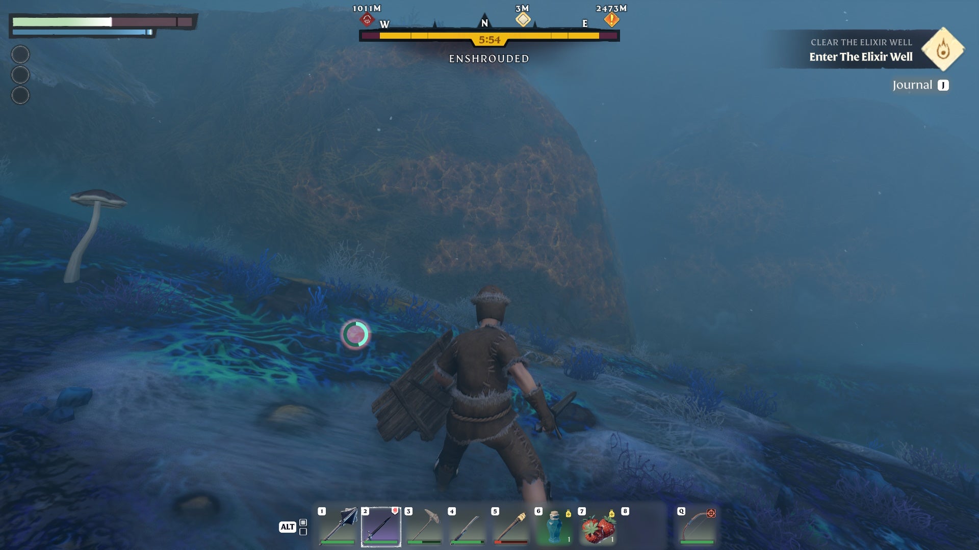 Looking at Amber on the side of a large boulder in the Shroud fog in Enshrouded.