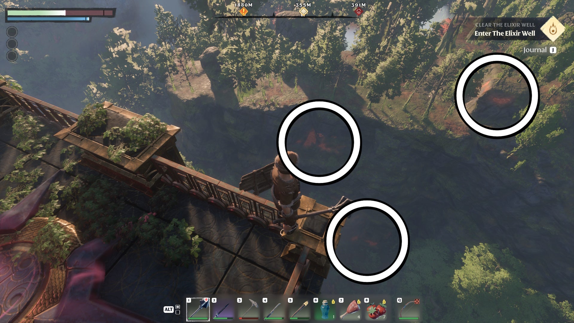 Three Clay mining veins with white circled highlighting their locations in Enshrouded.