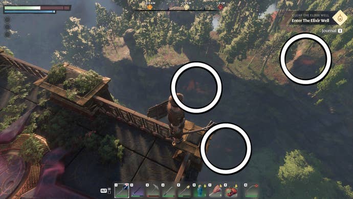 Three Clay mining veins with white circled highlighting their locations in Enshrouded.