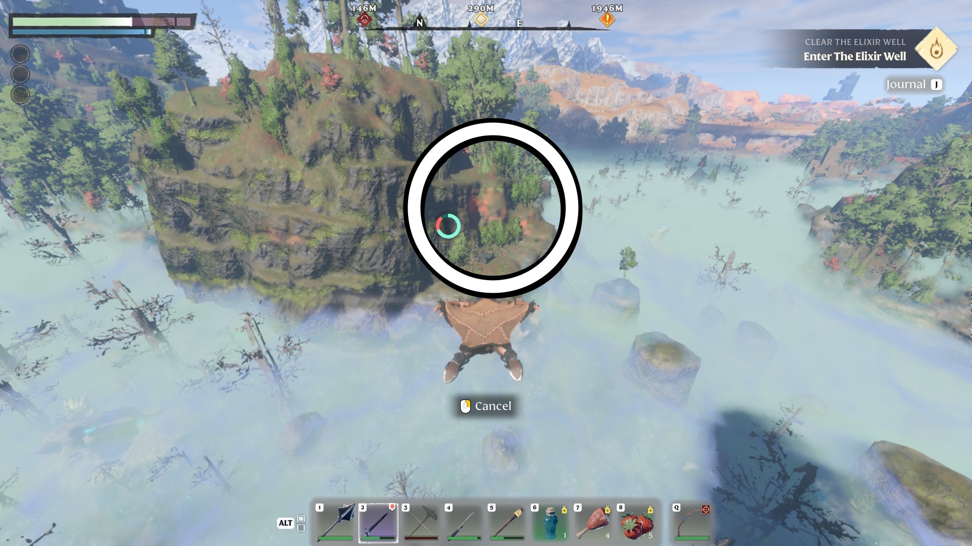 A clay mining vein in the distance highlighted with a white circle in Enshrouded.